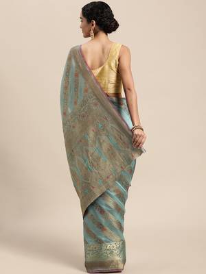 Sky Blue Woven Organza Saree With Blouse 2