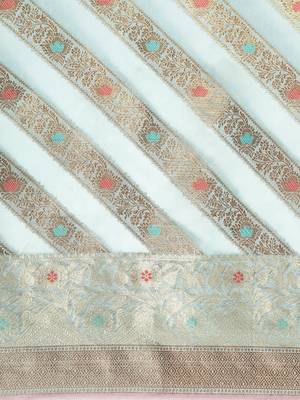 Sky Blue Woven Organza Saree With Blouse 3