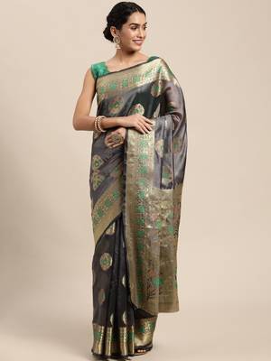 Grey Woven Organza Saree With Blouse 1