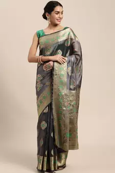 Grey Woven Organza Saree With Blouse
