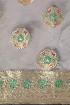 Grey Woven Organza Saree With Blouse