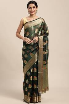 Green Organza Woven Floral Print Saree