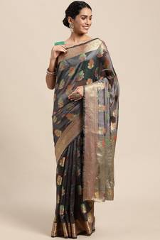 Grey Woven Organza Saree With Blouse