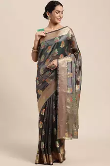 Grey Woven Organza Saree With Blouse