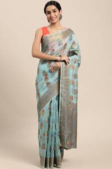 Sky Blue Woven Organza Saree With Blouse