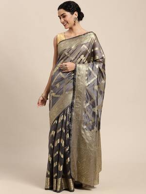 Grey woven organza saree with blouse 1