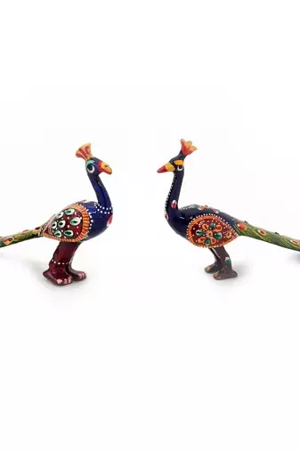 White Metal Handpaint Peacock Pair Handicraft