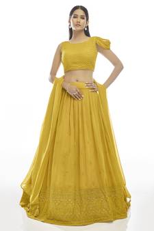 prepossessing Mustard thread & Sequins embroidered georgette semi stitched party lehenga