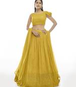 prepossessing Mustard thread & Sequins embroidered georgette semi stitched party lehenga
