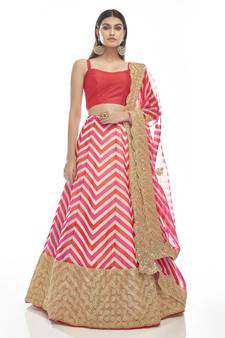 fabulous Pink printed with dori & sequins embroidered organza semi stitched wedding lehenga