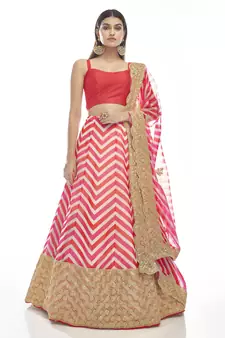 fabulous Pink printed with dori & sequins embroidered organza semi stitched wedding lehenga