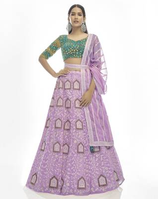Figurative Lilac zari, sequins, and thread embroidered georgette semi stitched wedding lehenga 1