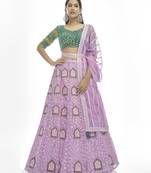 Figurative Lilac zari, sequins, and thread embroidered georgette semi stitched wedding lehenga