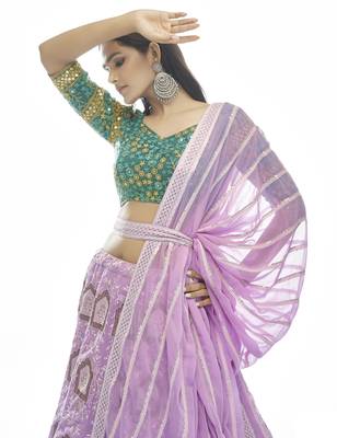 Figurative Lilac zari, sequins, and thread embroidered georgette semi stitched wedding lehenga 2