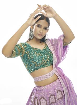 Figurative Lilac zari, sequins, and thread embroidered georgette semi stitched wedding lehenga 3