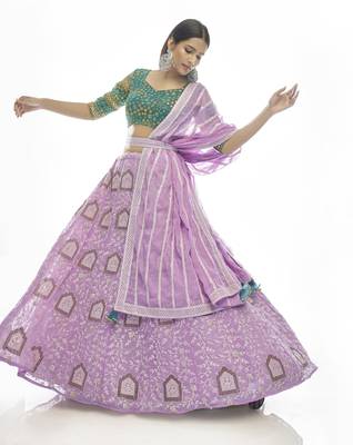 Figurative Lilac zari, sequins, and thread embroidered georgette semi stitched wedding lehenga 4