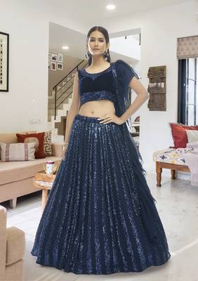 Seductive Navy-blue sequins embroidered velvet semi stitched ghagra choli 1