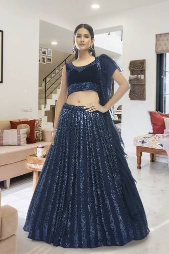 Seductive Navy-blue sequins embroidered velvet semi stitched ghagra choli