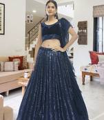 Seductive Navy-blue sequins embroidered velvet semi stitched ghagra choli