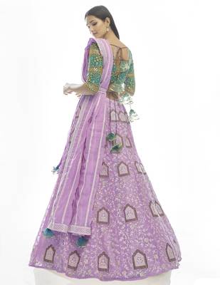 Figurative Lilac zari, sequins, and thread embroidered georgette semi stitched wedding lehenga 5