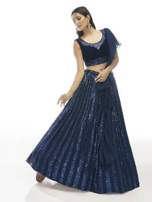 Seductive Navy-blue sequins embroidered velvet semi stitched ghagra choli 4