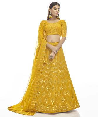 Wonderful Mustard Thread Embroidered With Gota Georgette Semi Stitched Bridal Lehenga 1