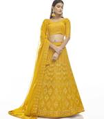 Wonderful Mustard Thread Embroidered With Gota Georgette Semi Stitched Bridal Lehenga