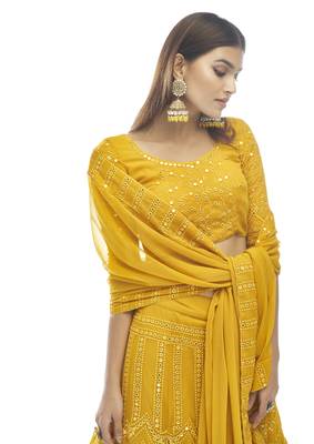 Wonderful Mustard Thread Embroidered With Gota Georgette Semi Stitched Bridal Lehenga 2