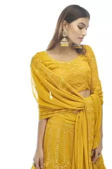 Wonderful Mustard Thread Embroidered With Gota Georgette Semi Stitched Bridal Lehenga