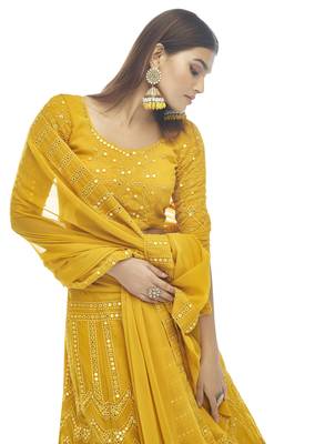 Wonderful Mustard Thread Embroidered With Gota Georgette Semi Stitched Bridal Lehenga 3