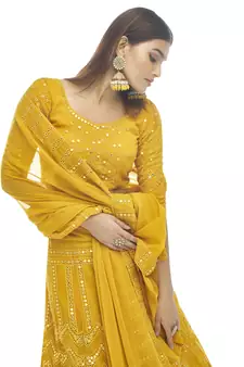 Wonderful Mustard Thread Embroidered With Gota Georgette Semi Stitched Bridal Lehenga