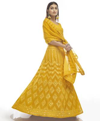 Wonderful Mustard Thread Embroidered With Gota Georgette Semi Stitched Bridal Lehenga 4