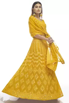 Wonderful Mustard Thread Embroidered With Gota Georgette Semi Stitched Bridal Lehenga