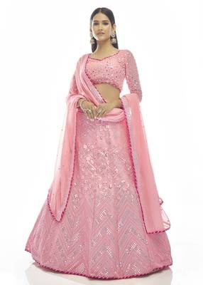 Delightful Baby-pink thread embroidered with gota georgette semi stitched party lehenga 1