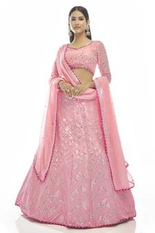 Delightful Baby-pink thread embroidered with gota georgette semi stitched party lehenga