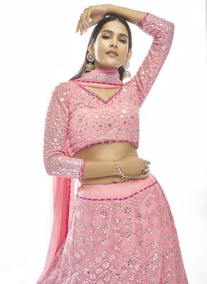 Delightful Baby-pink thread embroidered with gota georgette semi stitched party lehenga 2