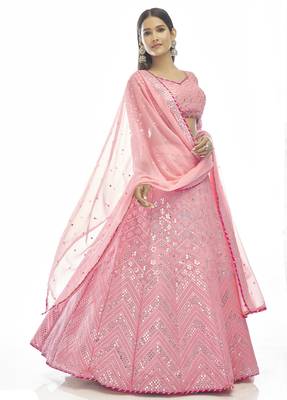Delightful Baby-pink thread embroidered with gota georgette semi stitched party lehenga 4