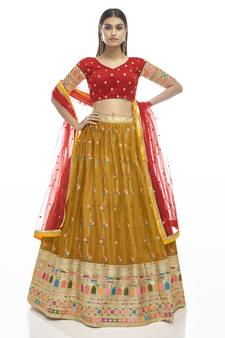 Gorgeous Mustard dori & thread embroidered satin semi stitched party lehenga
