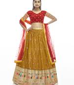 Gorgeous Mustard dori & thread embroidered satin semi stitched party lehenga