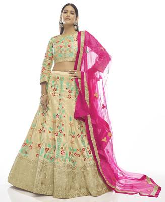 Cream Zari Sequins And Thread Embroidered Art Silk Semi Stitched Wedding Lehenga 1
