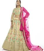 Cream Zari Sequins And Thread Embroidered Art Silk Semi Stitched Wedding Lehenga