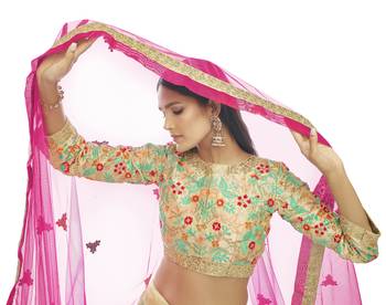 Cream Zari Sequins And Thread Embroidered Art Silk Semi Stitched Wedding Lehenga 2