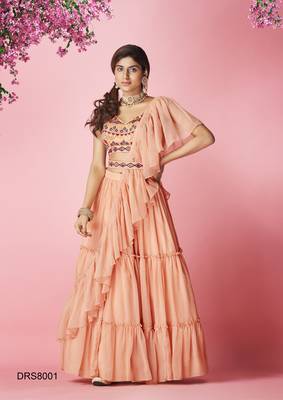 Graceful Peach hand work & thread embroidered chiffon semi stitched party lehenga 1