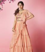 Graceful Peach hand work & thread embroidered chiffon semi stitched party lehenga