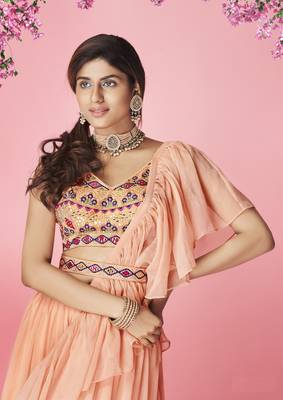 Graceful Peach hand work & thread embroidered chiffon semi stitched party lehenga 3