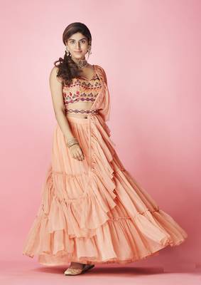 Graceful Peach hand work & thread embroidered chiffon semi stitched party lehenga 4