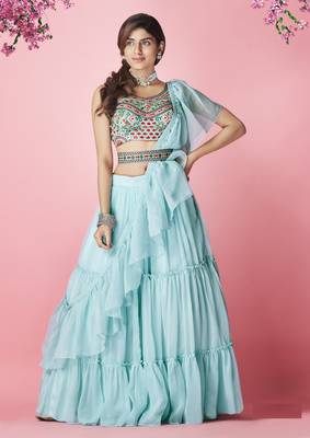 Enchanting Sky-blue hand work & thread embroidered chiffon semi stitched wedding lehenga 1