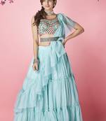 Enchanting Sky-blue hand work & thread embroidered chiffon semi stitched wedding lehenga