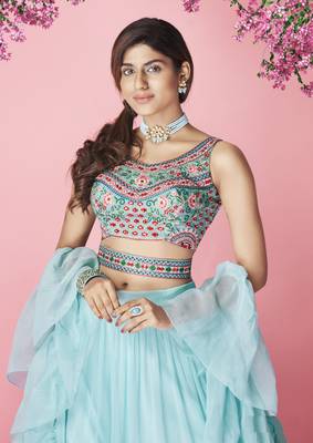 Enchanting Sky-blue hand work & thread embroidered chiffon semi stitched wedding lehenga 2