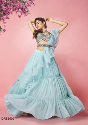 Enchanting Sky-blue hand work & thread embroidered chiffon semi stitched wedding lehenga 4